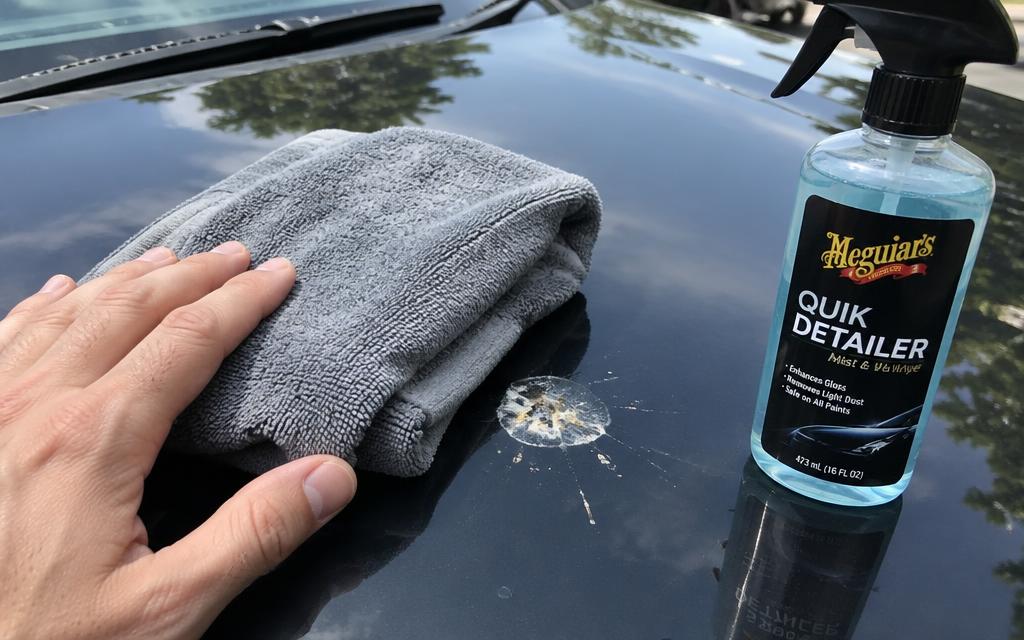 Soaked microfiber towel softening a bird dropping on car paint